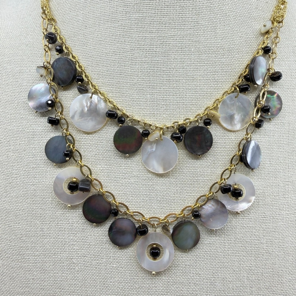 Statement Shell Necklace Gold Tone Layered Boho Black Bead Beachy Festival Glam